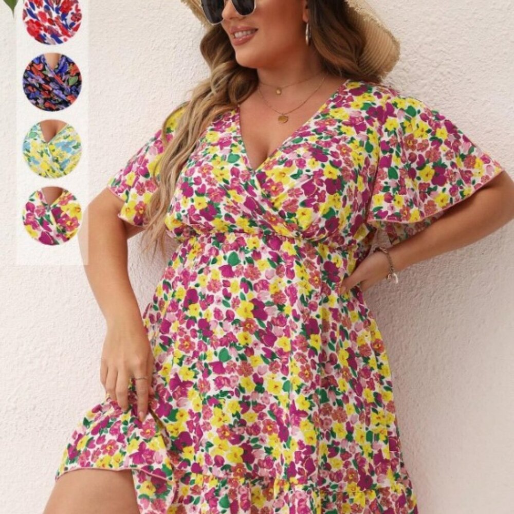 VCAY Plus Allover Floral Print Flutter Sleeve Overlap Collar Ruffle Hem Dress 0X